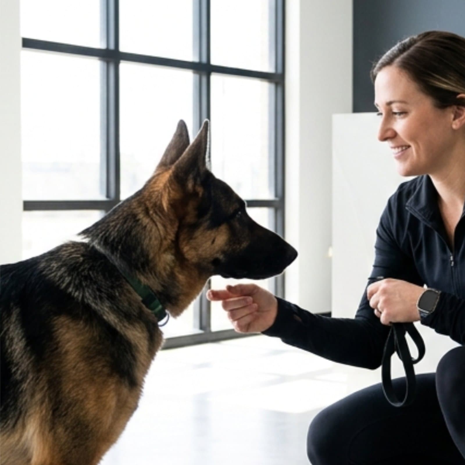 A dog trainer kneeling to work with a German Shepherd in a bright studio space
