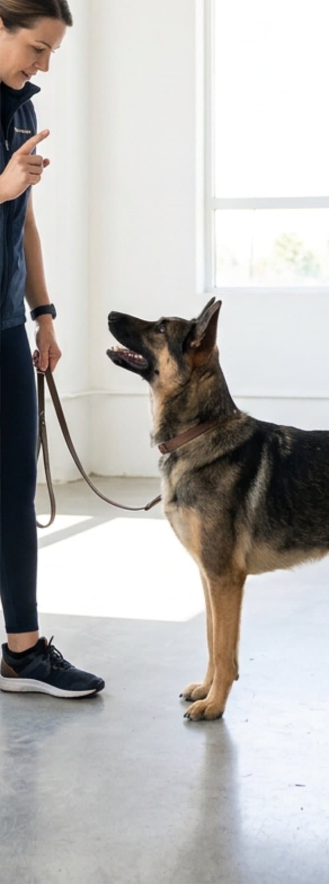 A dog trainer giving a hand signal to a German Shepherd during a structured behavior session